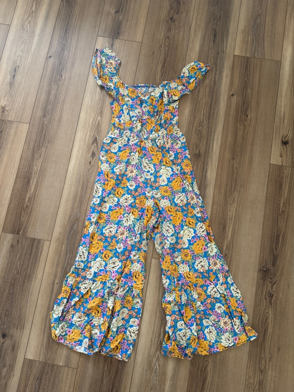 Floral Ruffle Jumpsuit in Teal and Yellow
